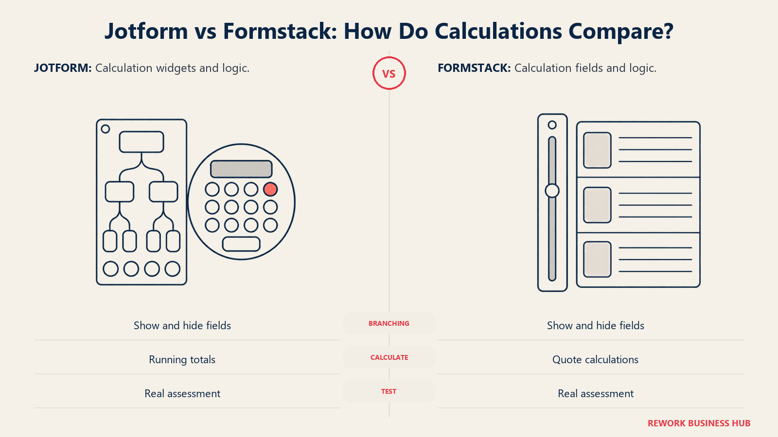 Branching and calculation tools compare Jotform widgets with Formstack calculation fields