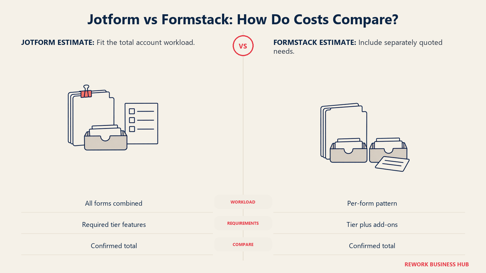 Workload estimates and requirements lists illustrate Jotform and Formstack cost comparison