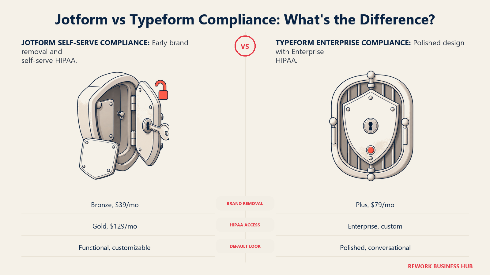 Jotform self-serve branding and HIPAA compared with Typeform enterprise compliance using an open shield lock and a gated polished frame