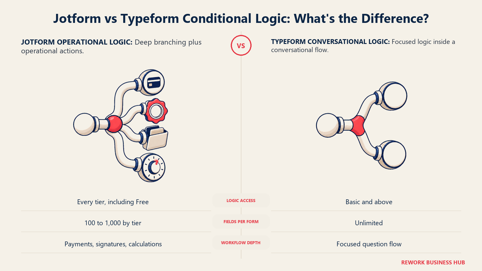 Jotform operational conditional logic compared with Typeform conversational logic through a branching manifold and a simple decision fork