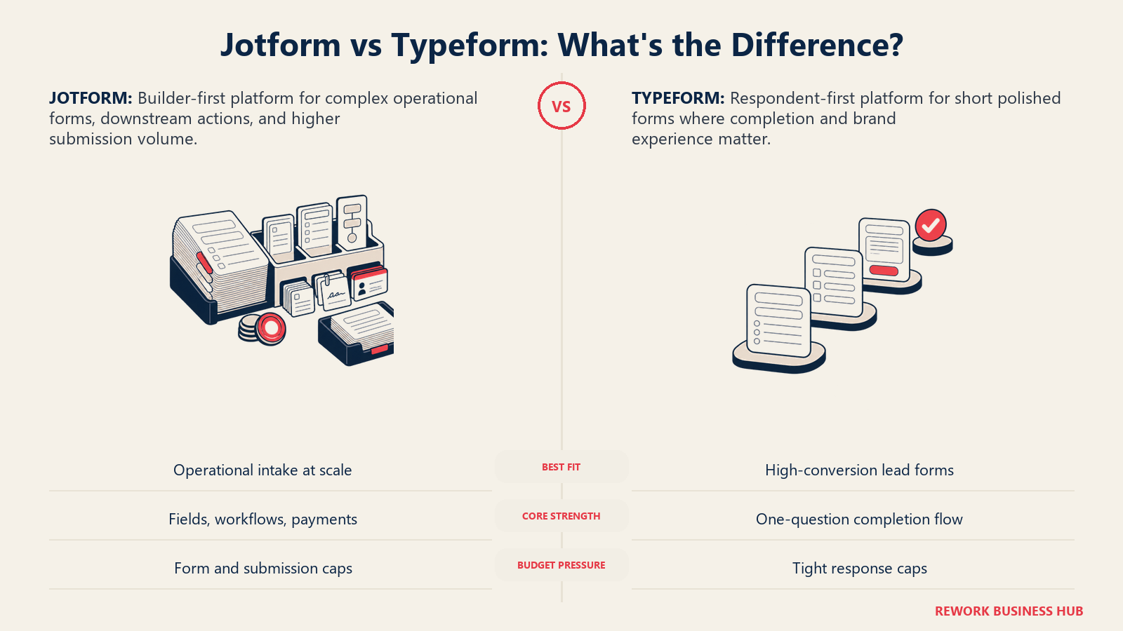 Jotform and Typeform compared as a structured operational intake workbench and a one-question completion path