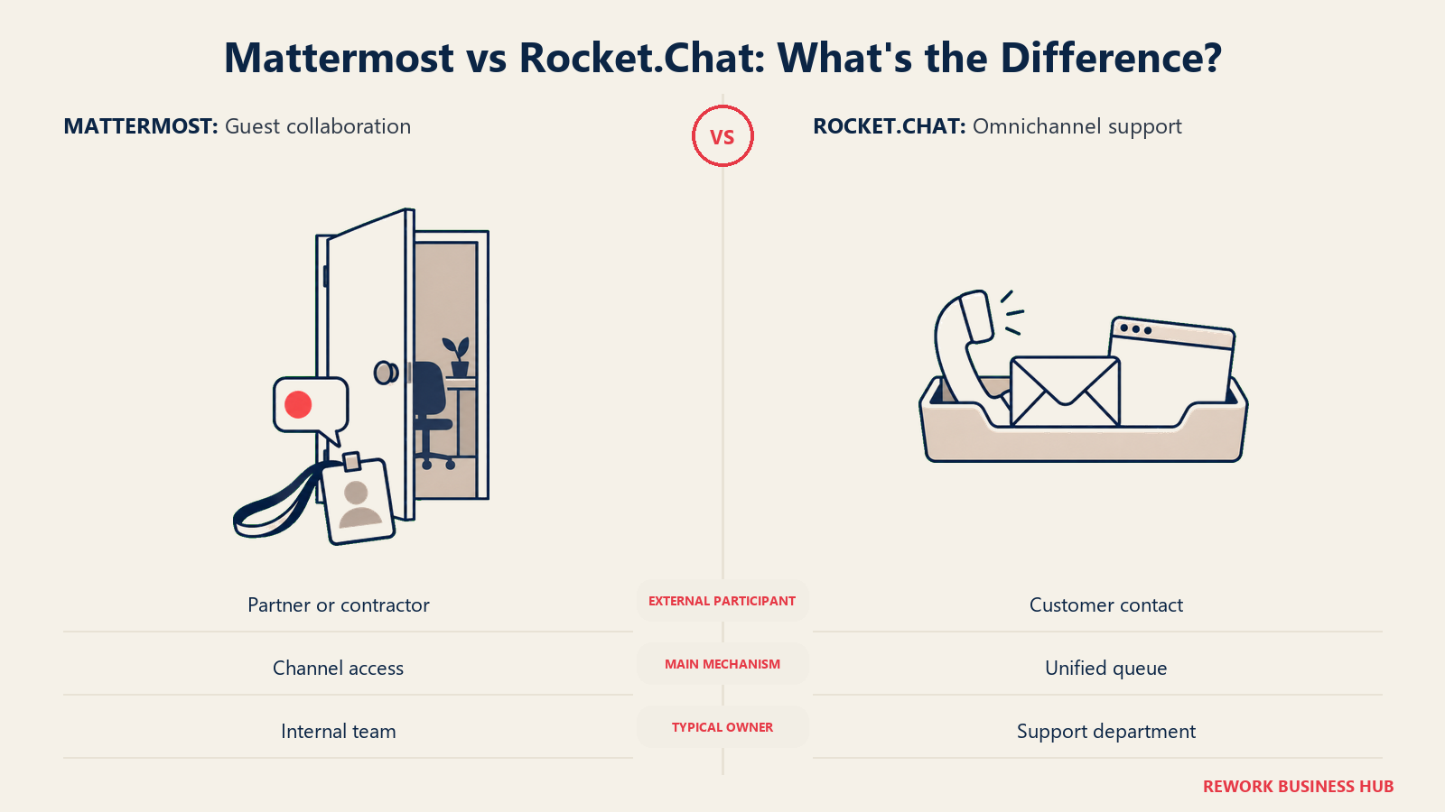 Guest access badge and unified support inbox comparing external collaboration in Mattermost and Rocket.Chat