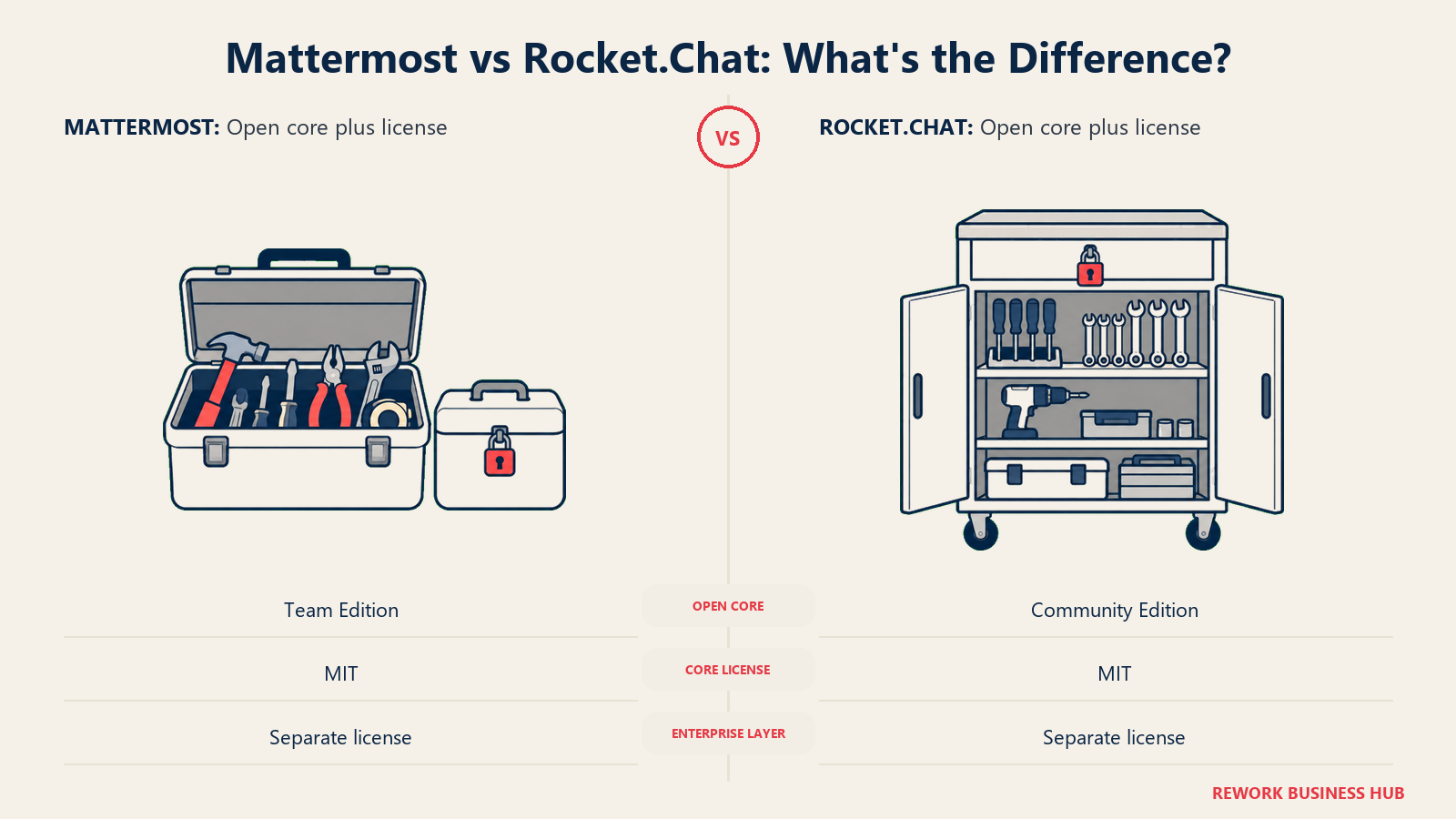 Open toolbox and locked enterprise compartments illustrating the open-core licensing of Mattermost and Rocket.Chat