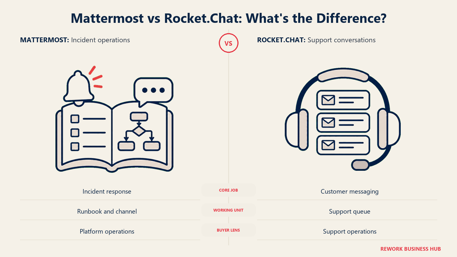 Incident runbook and support headset comparing Mattermost operations with Rocket.Chat customer conversations