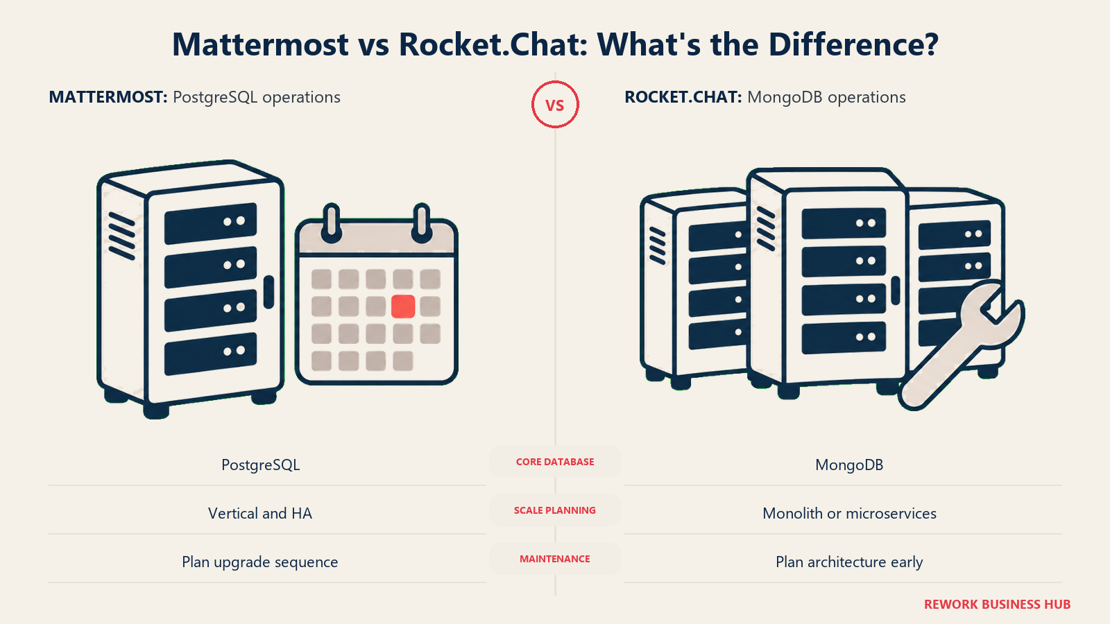 Server maintenance calendar and clustered servers comparing Mattermost and Rocket.Chat operations