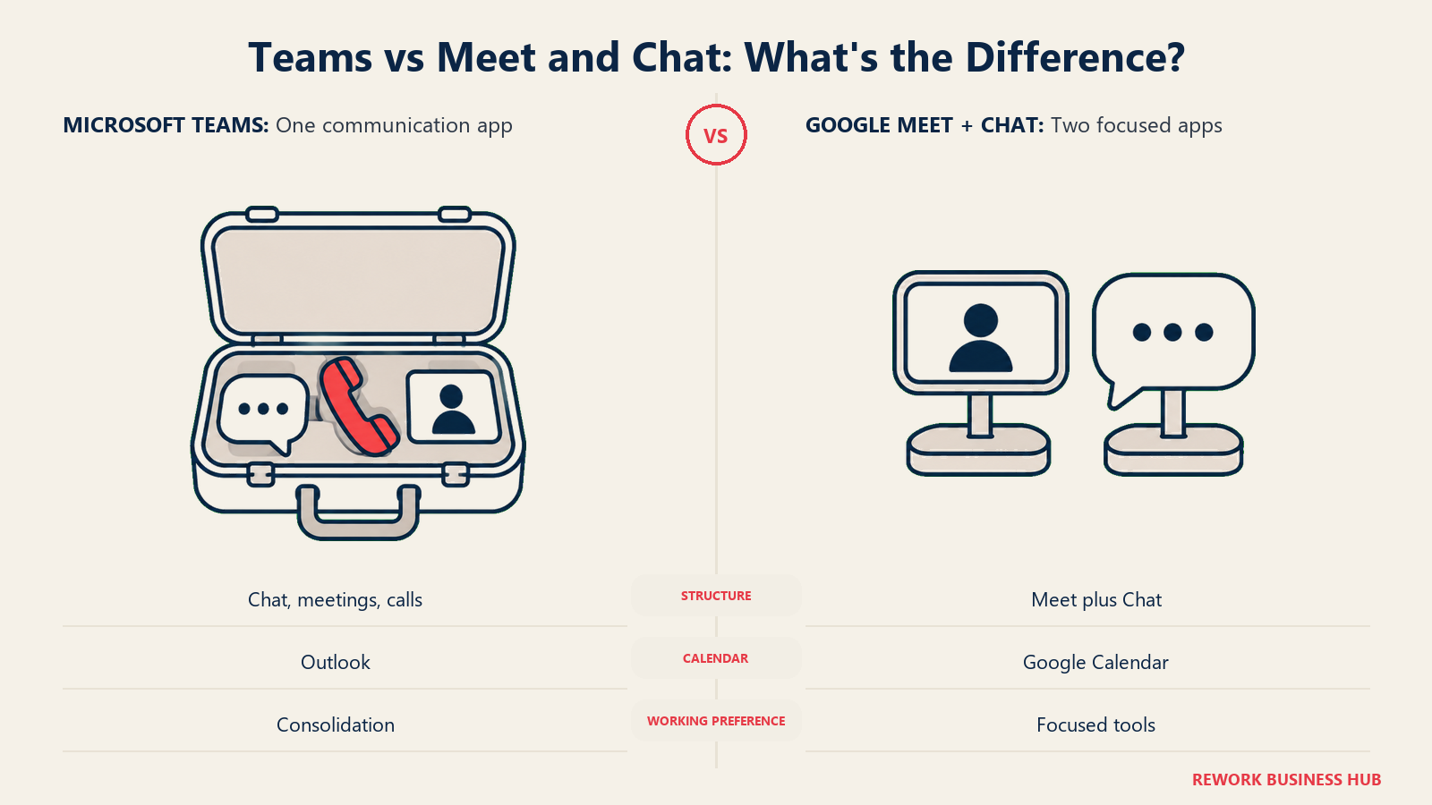 Combined communication case and separate chat and meeting screens comparing Teams with Google Meet and Chat