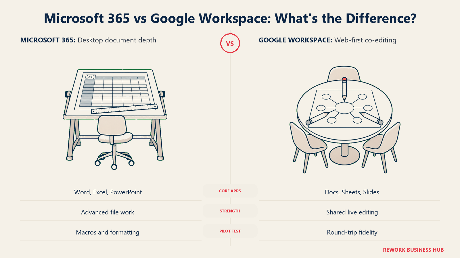 Drafting desk and shared document table comparing Microsoft desktop depth with Google Workspace co-editing