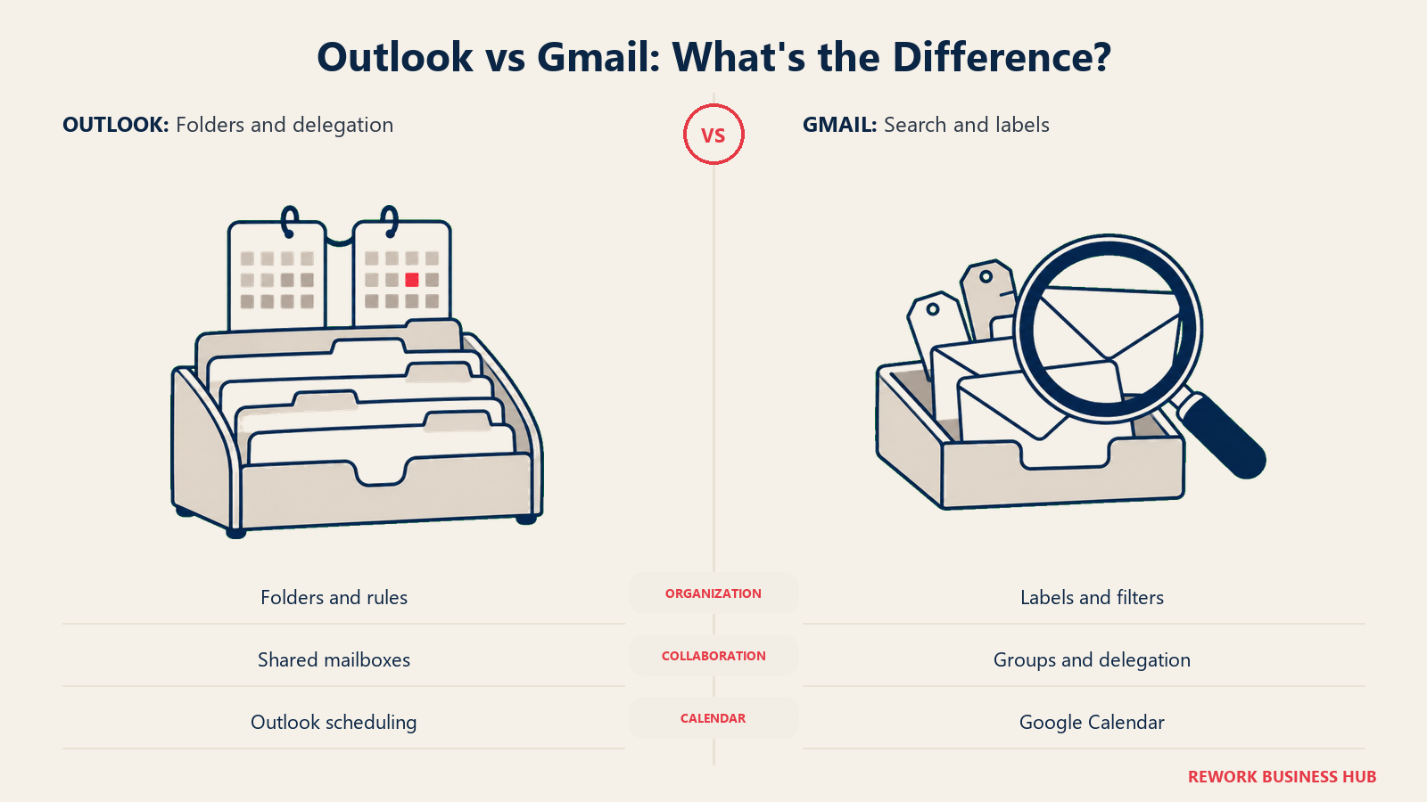 Folder cabinet and searchable mail tray comparing Outlook organization with Gmail labels