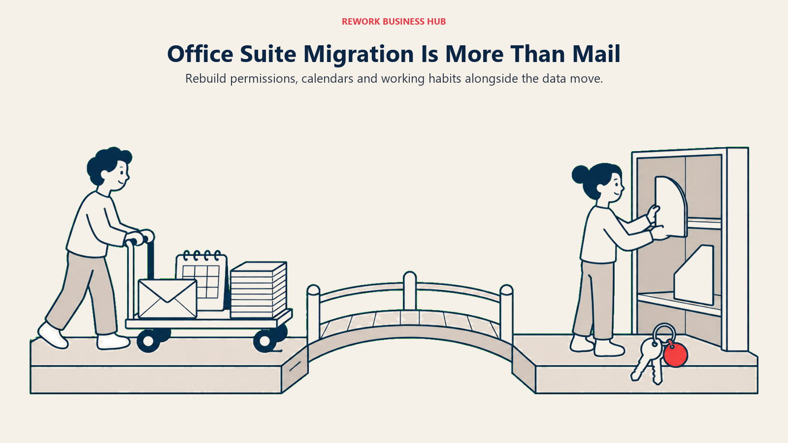 Office documents moving across a bridge with permissions and calendars that need rebuilding