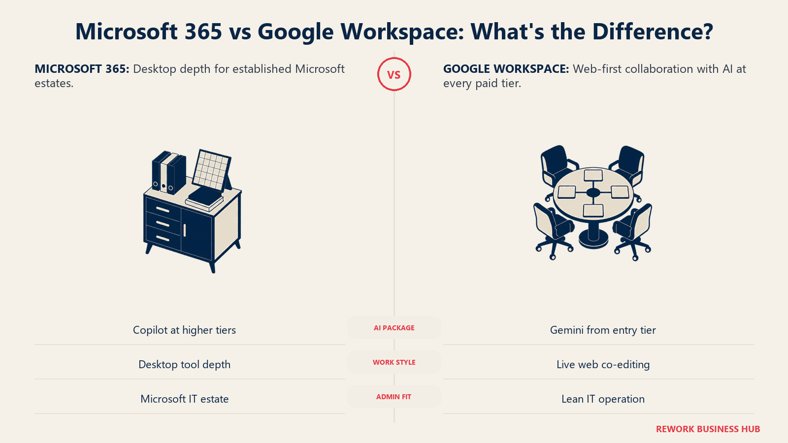 Deep desktop office workstation compared with an airy web collaboration table for Microsoft 365 versus Google Workspace
