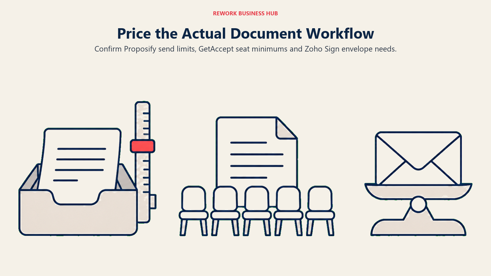 Document meter, buyer seats and envelope scale illustrating proposal and signing budget checks