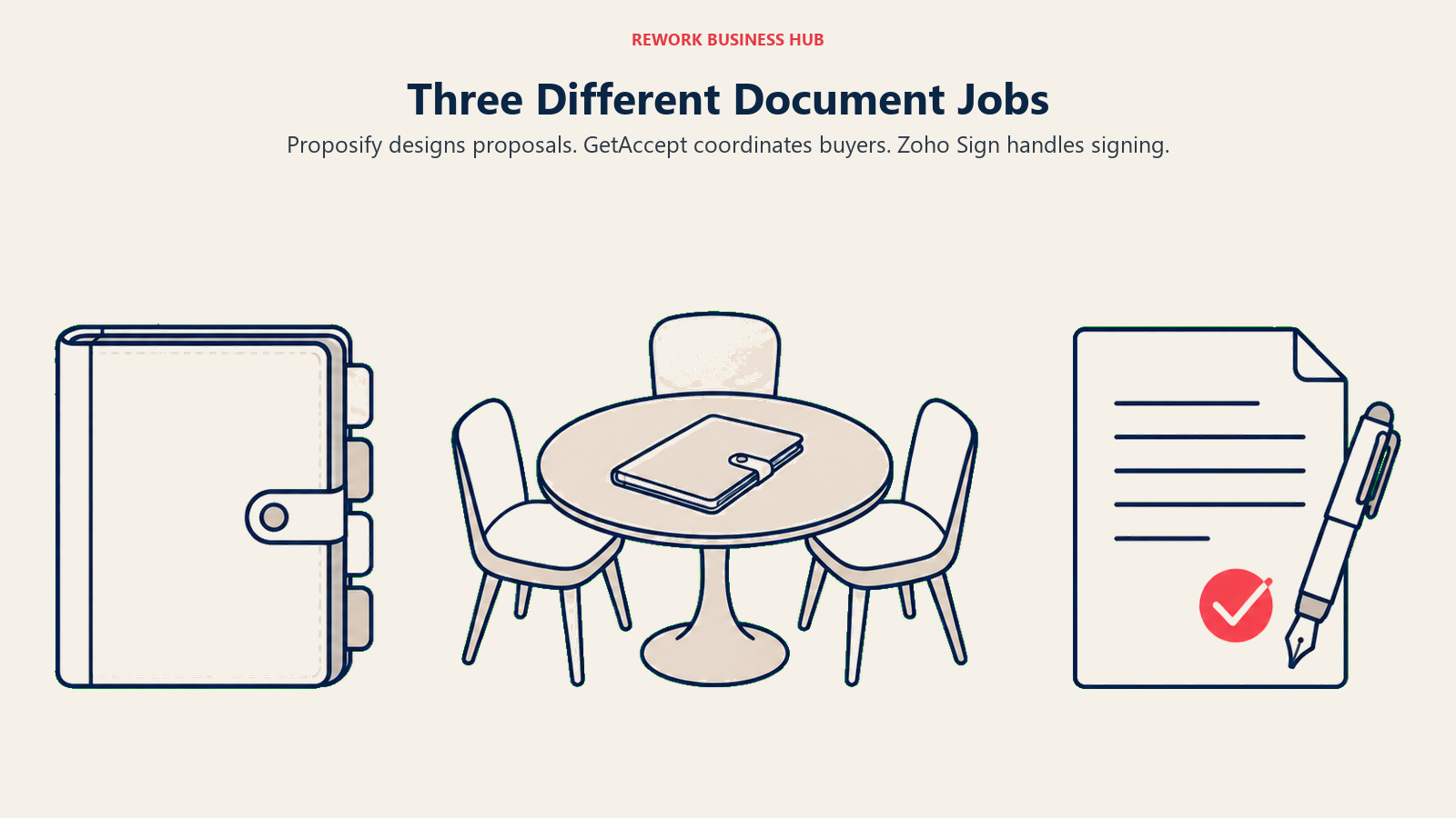 Proposal binder, buyer meeting table and signed document showing the different jobs of Proposify, GetAccept and Zoho Sign