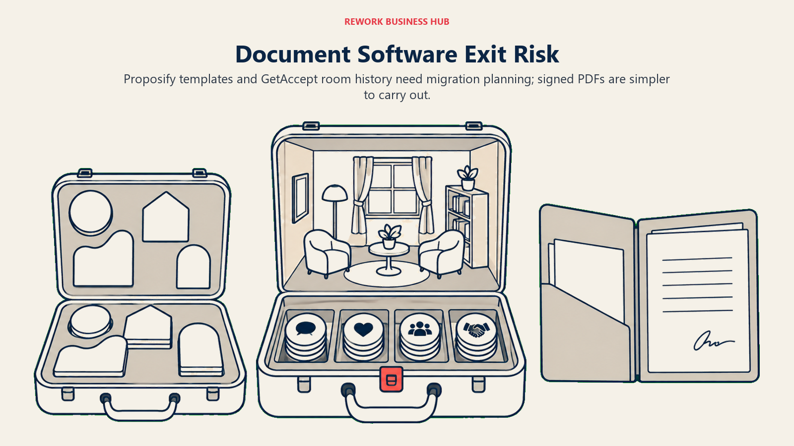 Custom template case, portable buyer room and signed document folder illustrating document-software exit risk