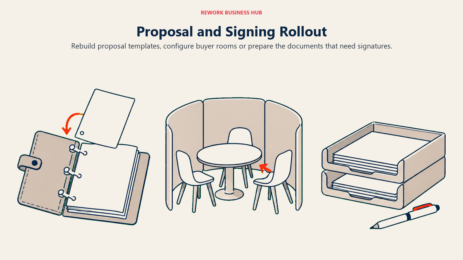 Proposal template binder, buyer room and signature tray illustrating three document-software rollout tasks