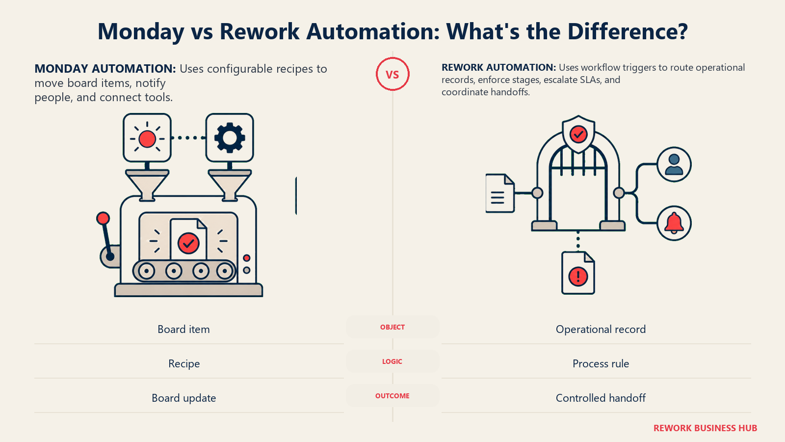 Monday vs Rework Automation: What's the Difference? shown as matched recipe machine and process gate