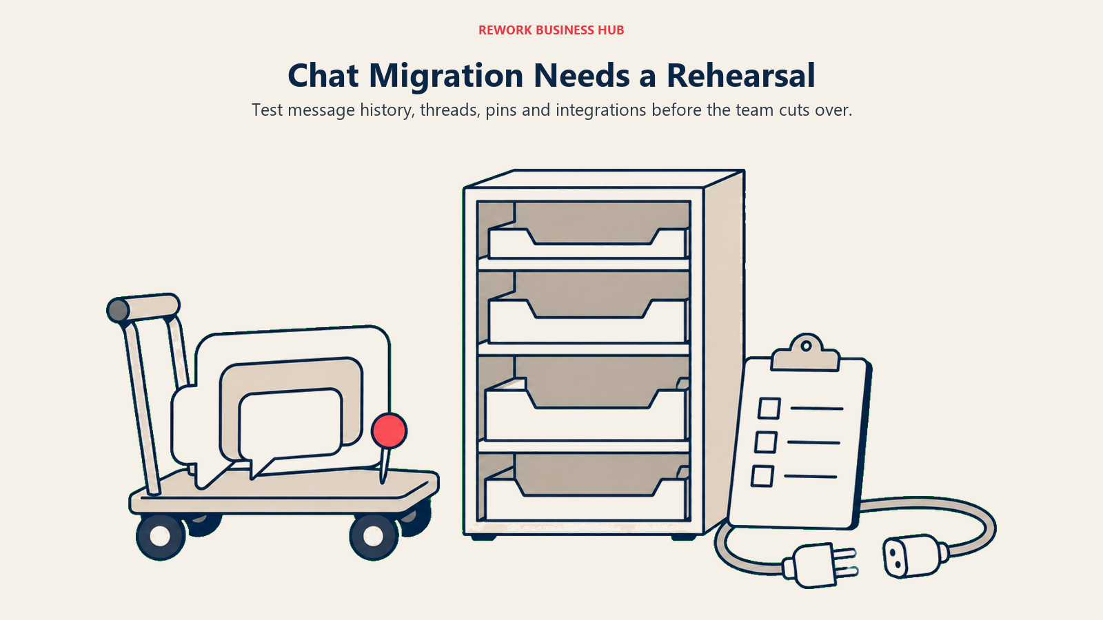 Chat history trolley, pinned message and disconnected cable illustrating a migration rehearsal