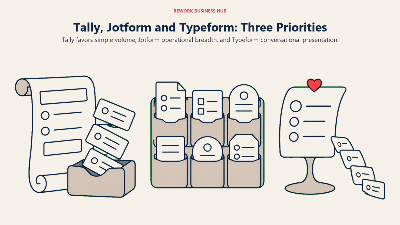 Simple response collection, operational form organizer and conversational question cards comparing Tally, Jotform and Typeform