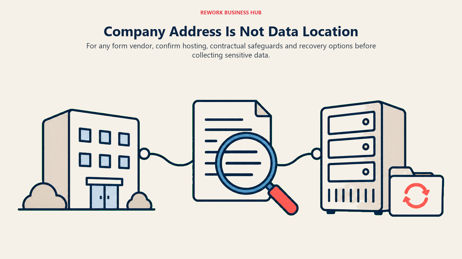 Company building, contract inspection and hosting server showing why business address does not establish data location