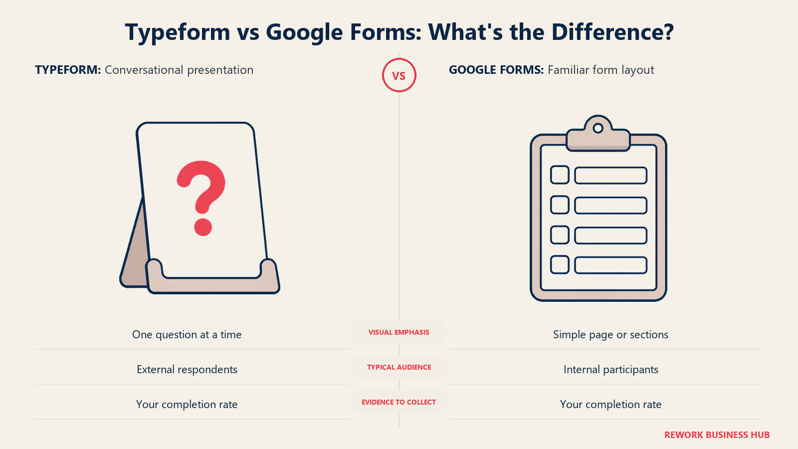Single-question presentation card and conventional clipboard comparing form design approaches