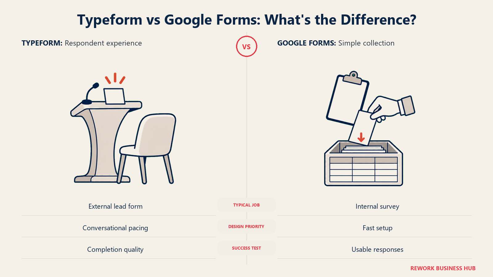 Conversational presentation stand and response collection box comparing Typeform with Google Forms