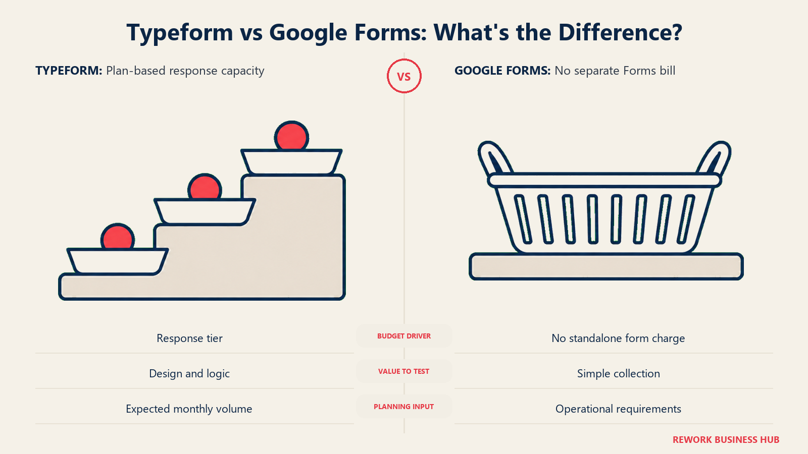 Tiered response containers and collection basket comparing Typeform capacity planning with Google Forms budgeting