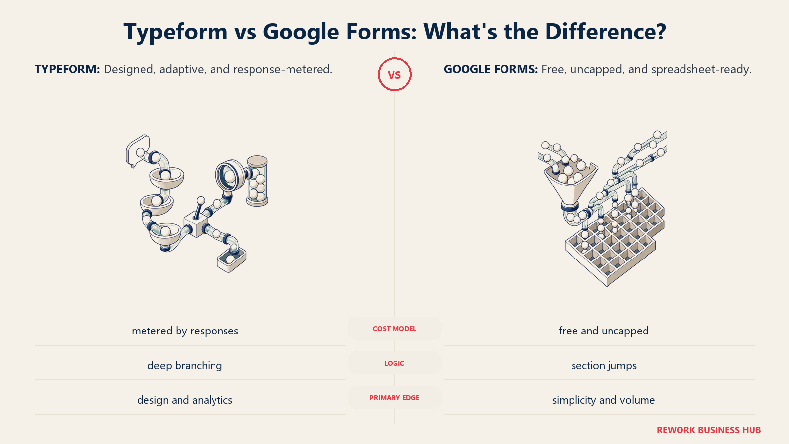 Typeform conversational logic path compared with Google Forms open collection funnel into a spreadsheet lattice