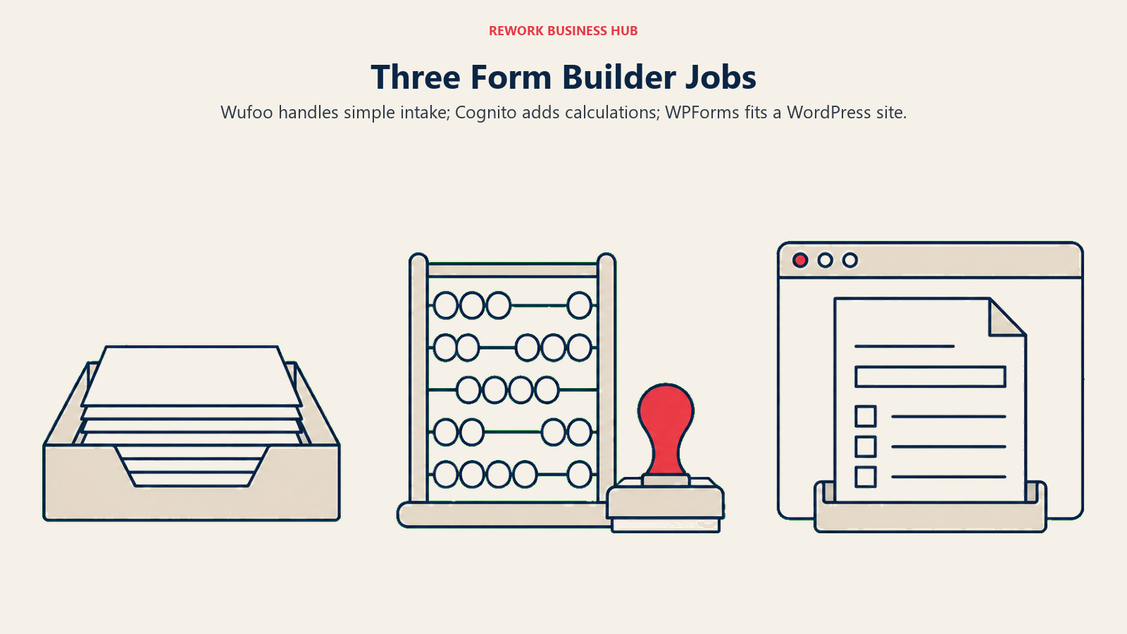 Simple intake tray, calculation and approval station, and WordPress form representing three form-builder jobs