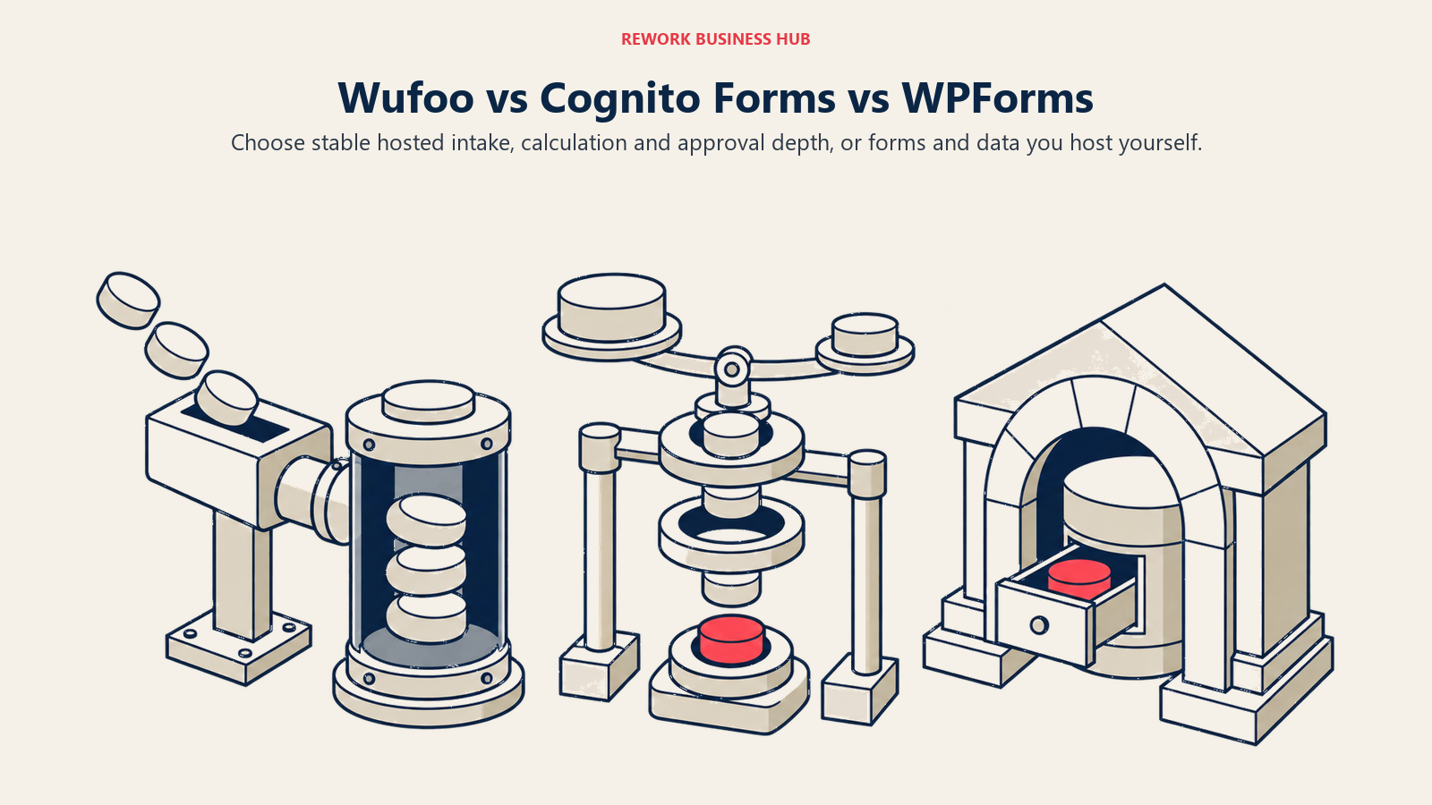 Wufoo, Cognito Forms, and WPForms shown as a stable hosted intake box, a calculation and approval machine, and a self-owned form vault