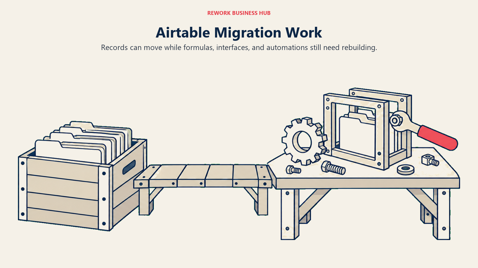 Records moving from an export crate to a workbench where formulas and interfaces are rebuilt