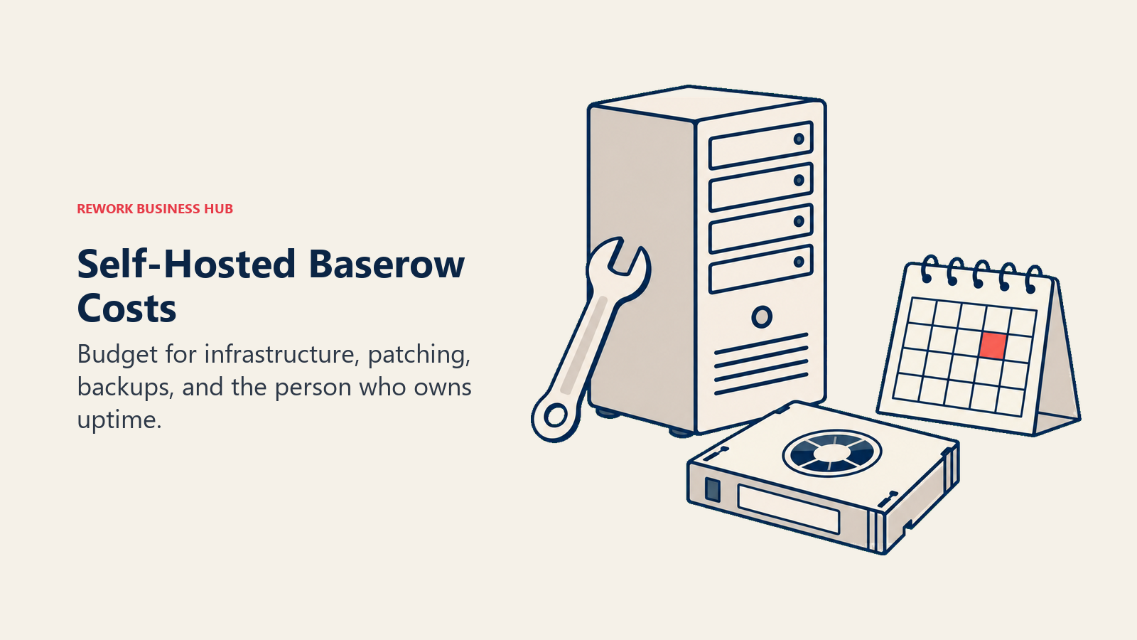 Server, maintenance wrench, backup drive and calendar showing self-hosted Baserow operating costs