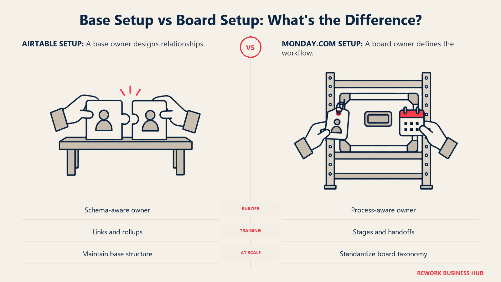 Building linked Airtable records compared with setting up a monday.com workflow board