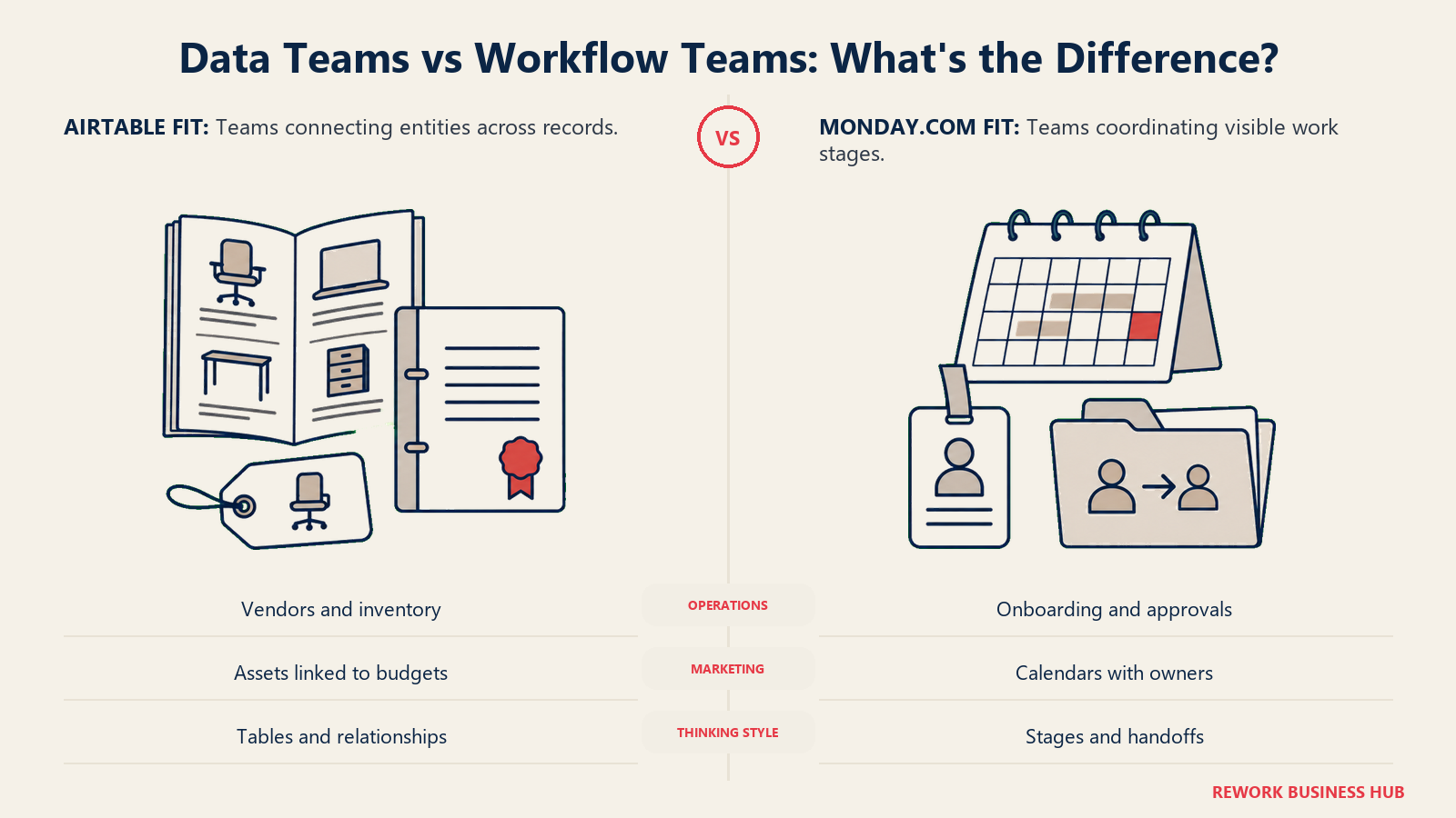 Linked vendor and asset records compared with onboarding folders and work calendars