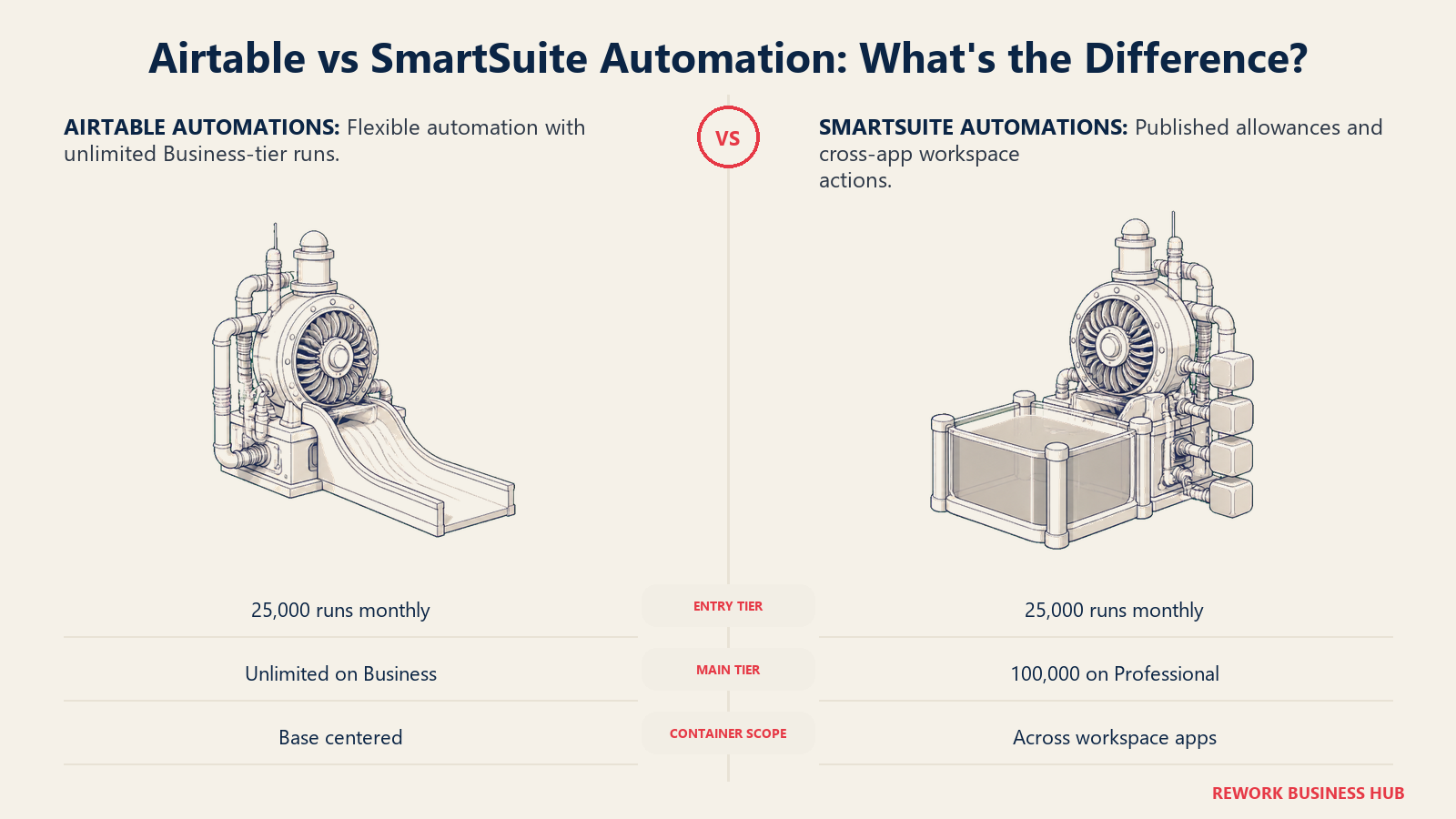 Airtable automation capacity compared with SmartSuite published run allowances and workspace scope