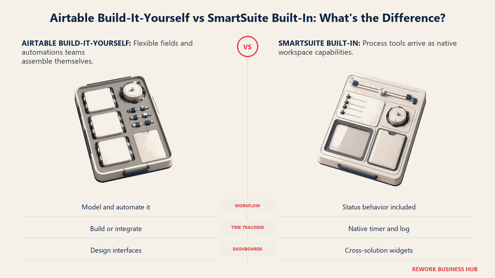 Airtable build-it-yourself process modules compared with SmartSuite built-in workflow tools