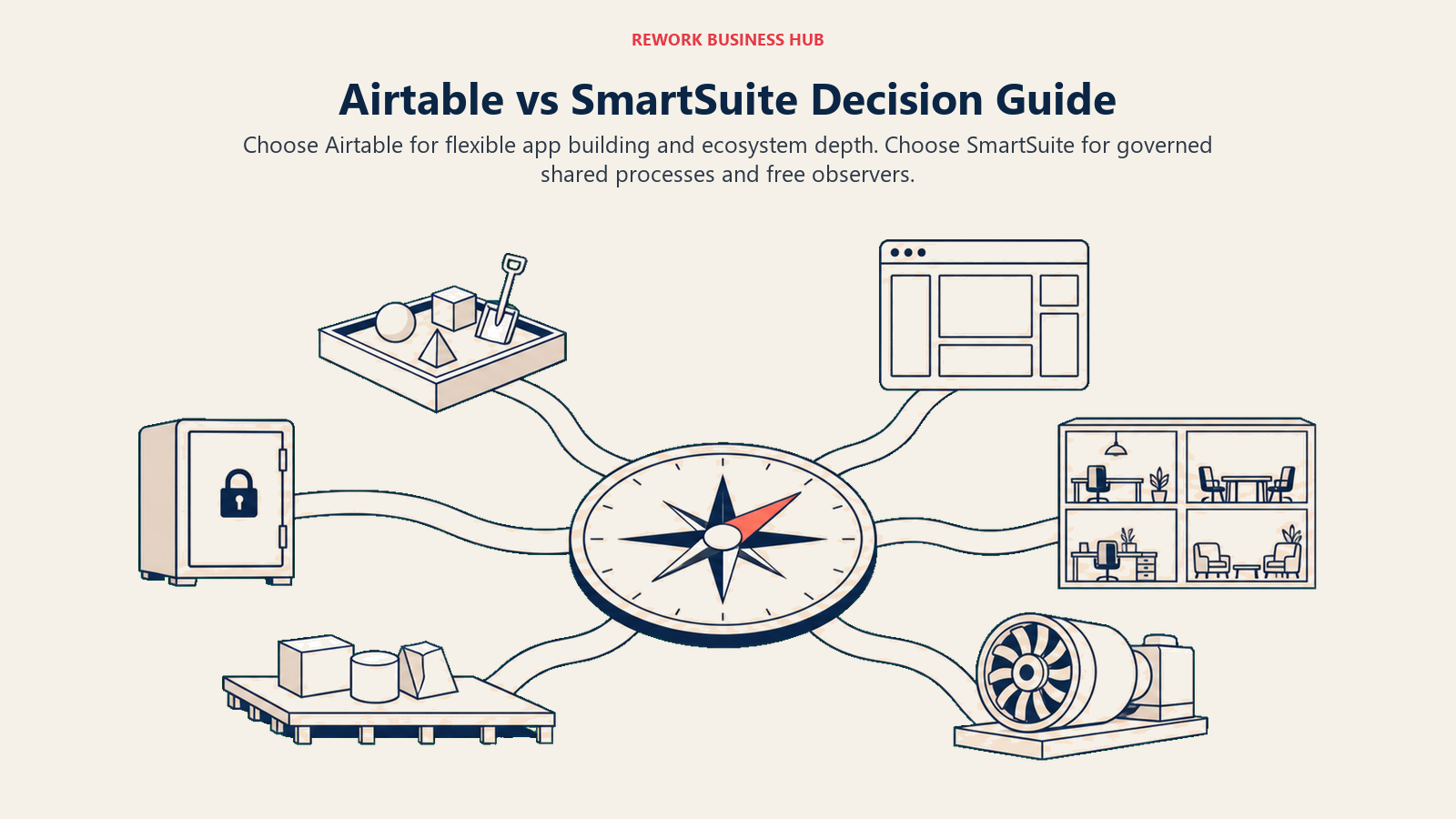 Airtable versus SmartSuite decision map based on pilot needs, app building, permissions, audience, and automation volume
