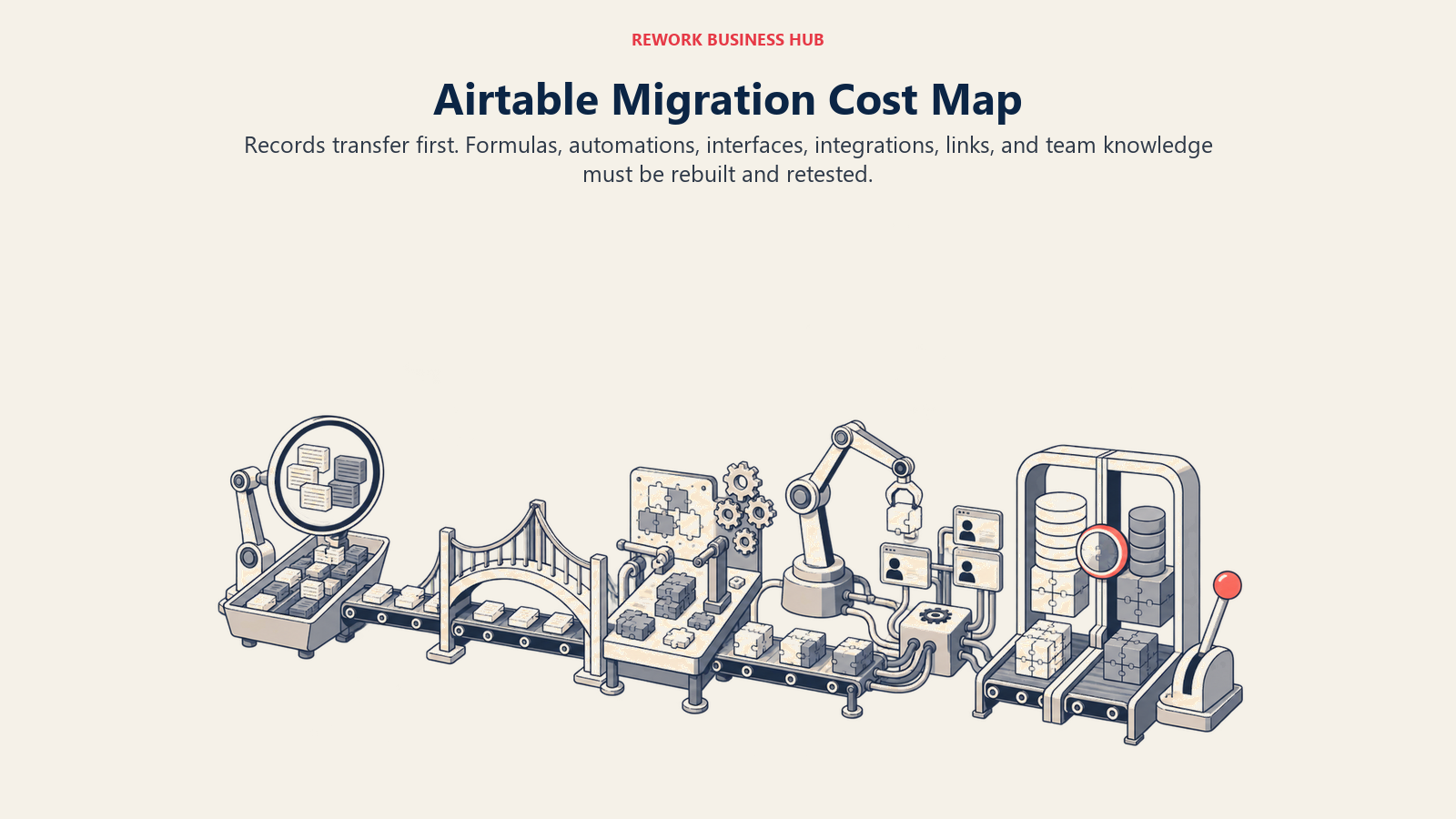 Mature Airtable migration stages showing records moving while formulas, automations, interfaces, integrations, and training are rebuilt