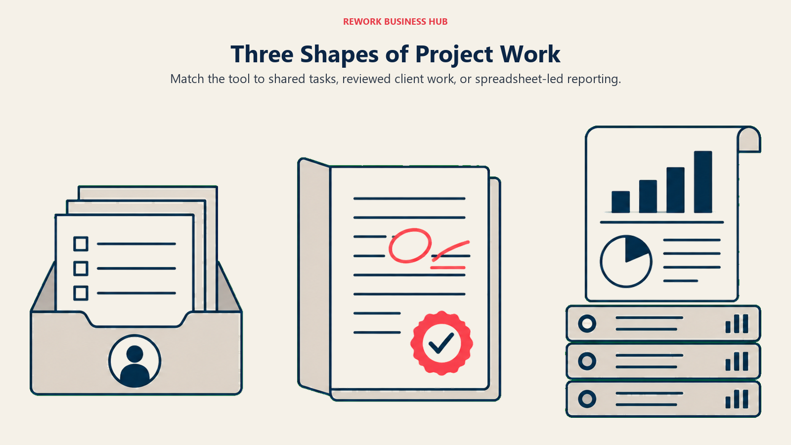 Task coordination, reviewed client work and spreadsheet reporting as three project-work structures