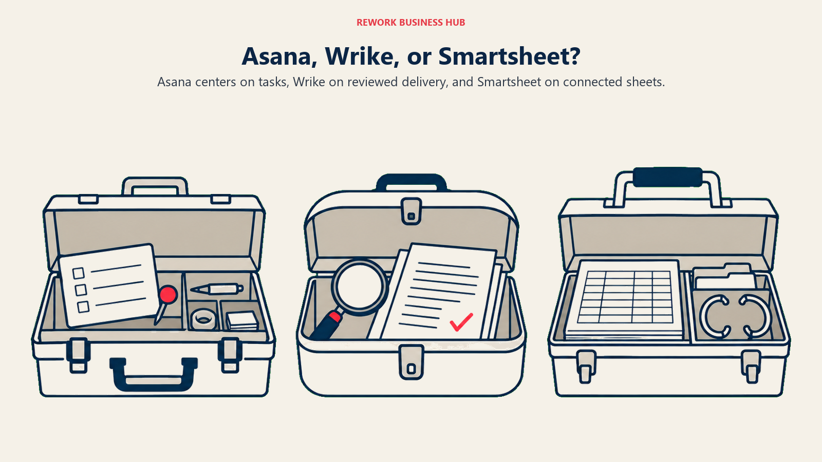 Three toolboxes for Asana task coordination, Wrike reviewed delivery and Smartsheet connected sheets
