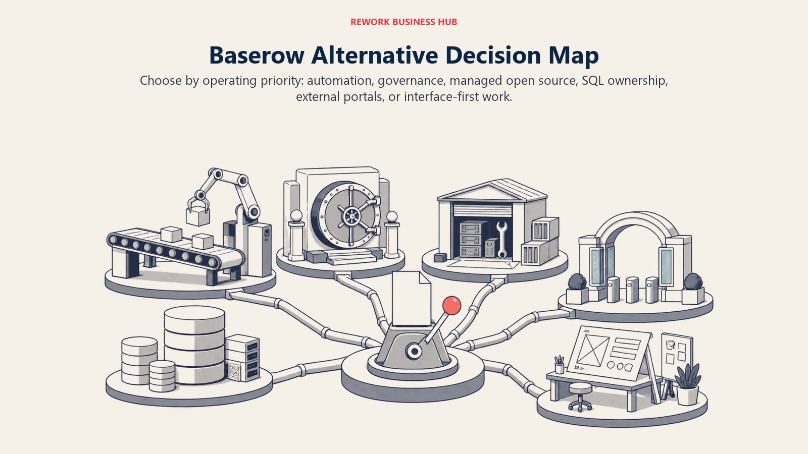 Baserow alternative decision map for automation, governed processes, managed open source, SQL ownership, portals, and interface-first work