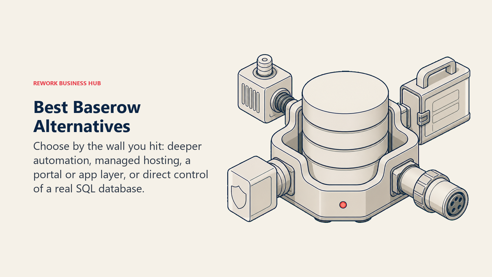Best Baserow alternatives shown as a database diagnostic bench with automation, managed hosting, portal, and SQL upgrade modules