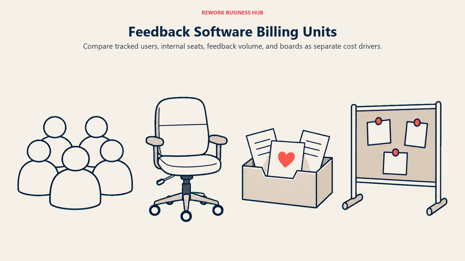 Tracked users, internal seat, feedback inbox and board representing distinct software billing units