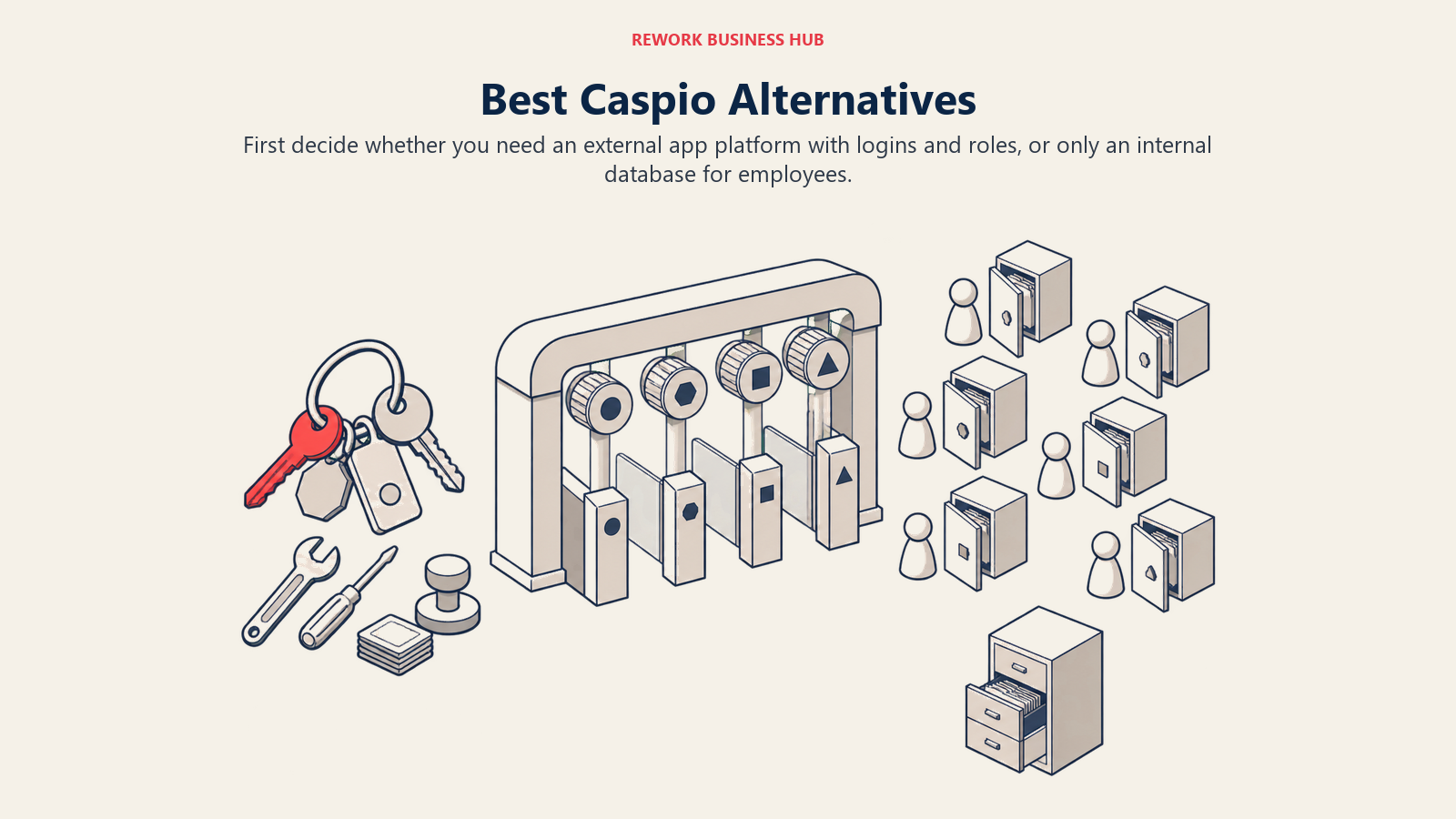 Best Caspio alternatives shown as a small builder keyring opening a wide role-based portal for many external user tokens