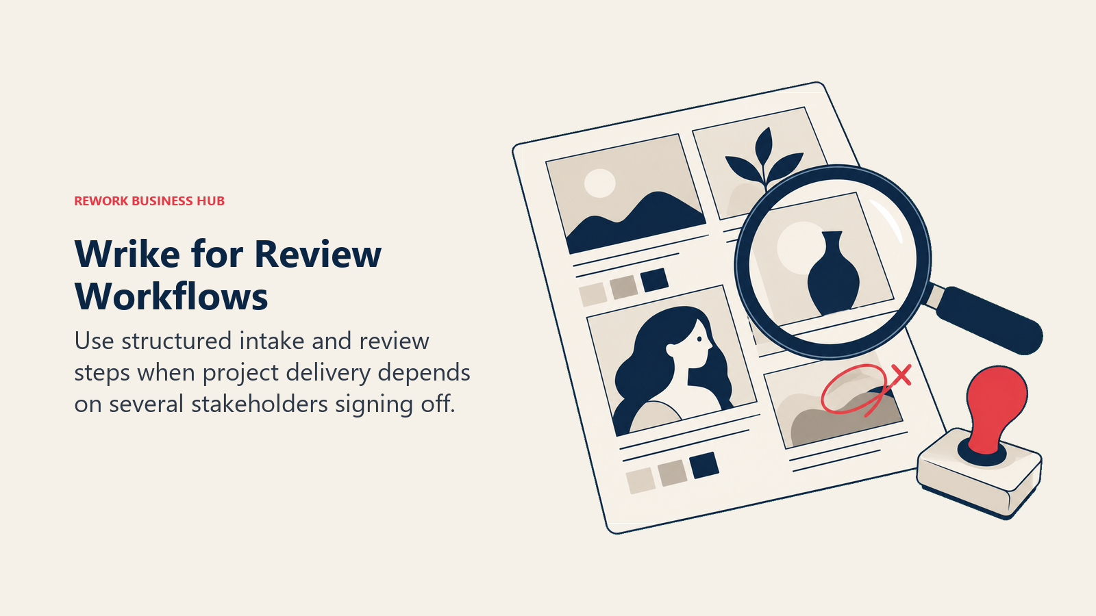 Wrike for Review Workflows illustrated by proof showing use structured intake and review steps when project delivery depends on several stakeholders signing off.