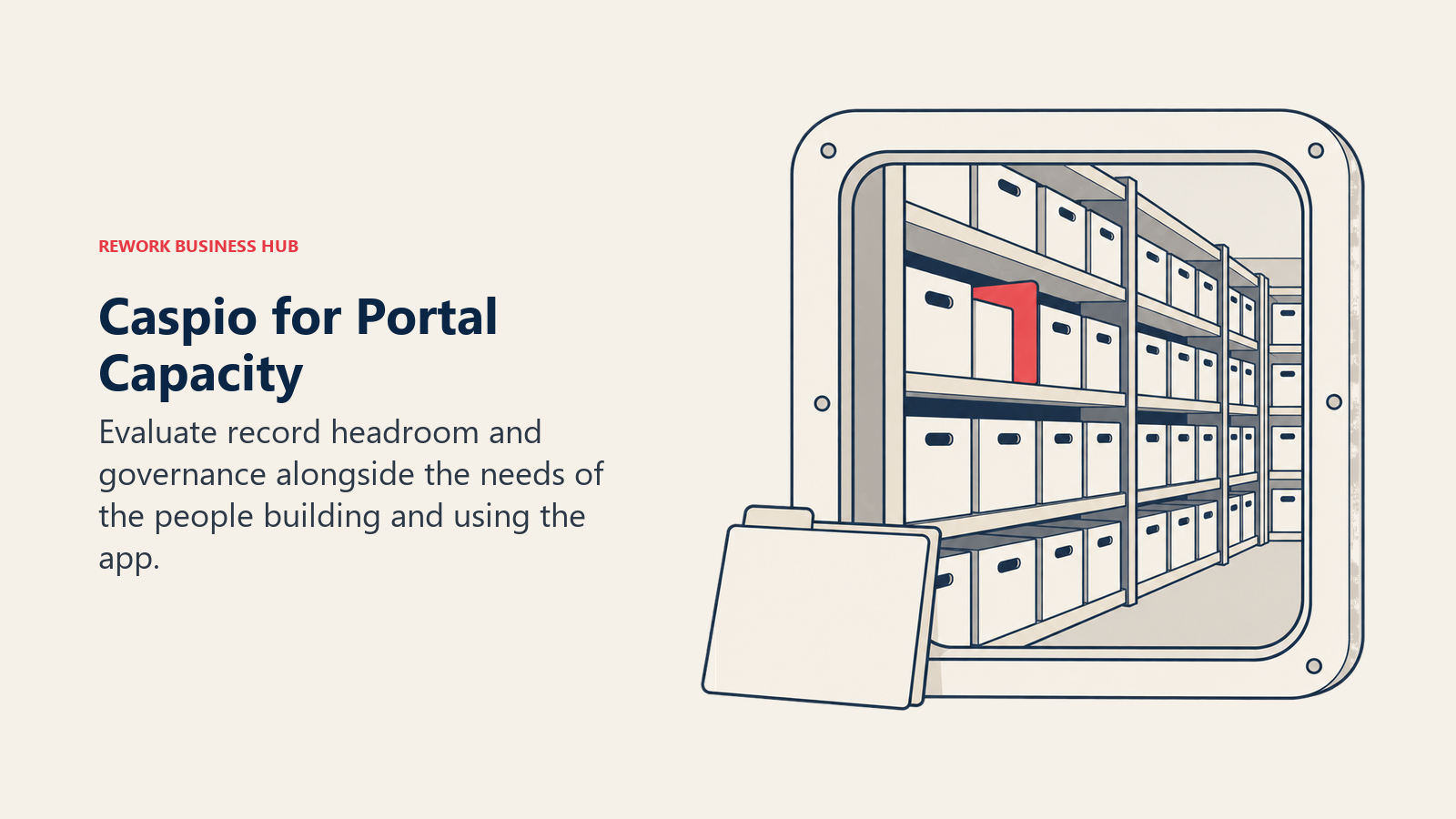 Caspio for Portal Capacity illustrated by archive showing evaluate record headroom and governance alongside the needs of the people building and using the app.