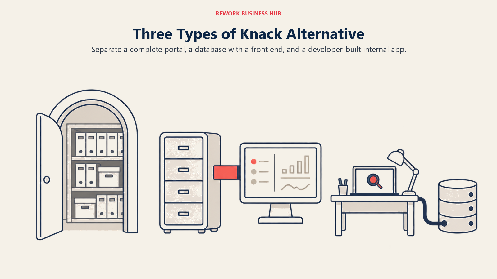Three Types of Knack Alternative illustrated by three options showing separate a complete portal, a database with a front end, and a developer-built internal app.