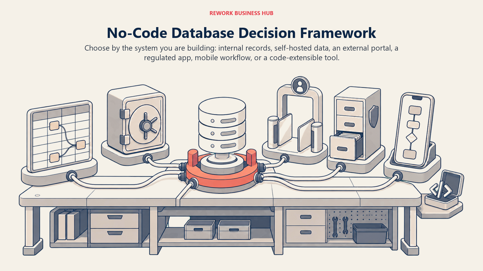 No-code database decision workshop matching spreadsheet familiarity, data ownership, existing SQL, formulas, portals, compliance, enterprise governance, mobile apps, and code escape hatches to different build needs