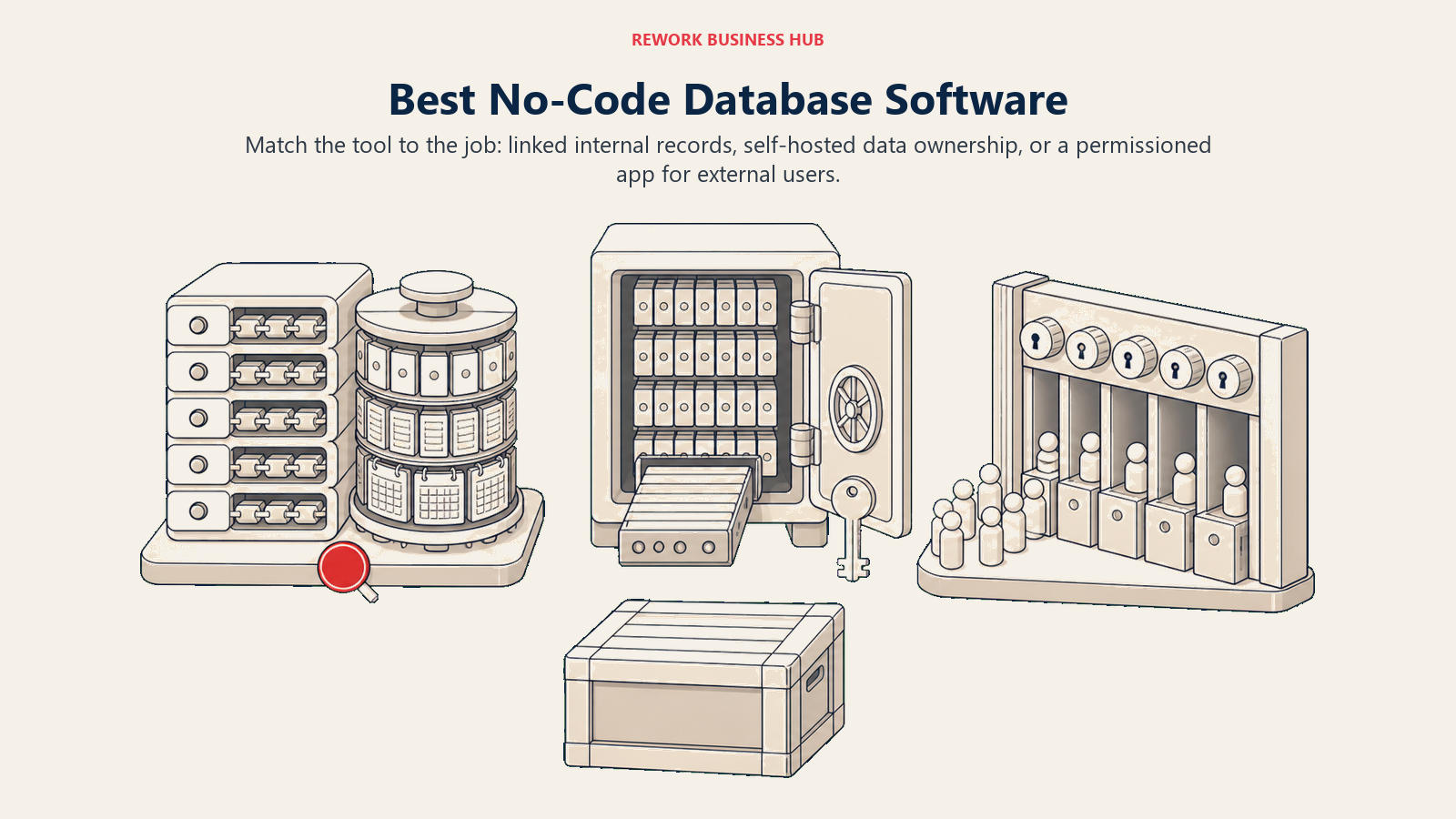Best no-code database software shown as three buyer test bays for linked records, self-hosted data, and external-user apps