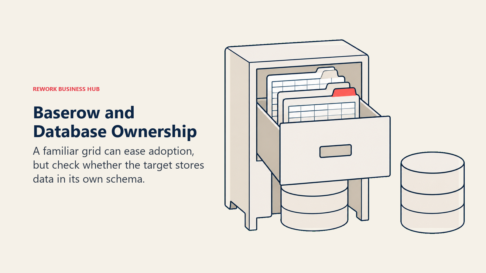 Baserow and Database Ownership illustrated by owned schema showing a familiar grid can ease adoption, but check whether the target stores data in its own schema.
