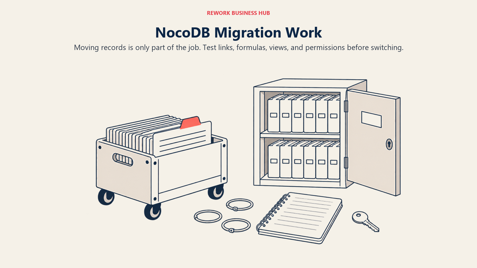 NocoDB Migration Work illustrated by reassembly showing moving records is only part of the job. Test links, formulas, views, and permissions before switching.