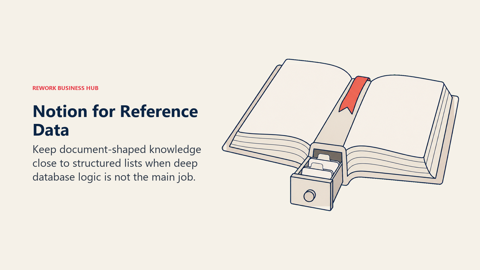 Notion for Reference Data illustrated by reference index showing keep document-shaped knowledge close to structured lists when deep database logic is not the main job.